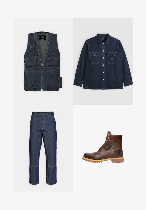 Denim jas met meerdere voorkruipzakken, een ritssluiting en een V-hals ontwerp. Kleur is donkerblauw met een lichte textuur.; Donkerblauw denim overhemd met lange mouwen, knoopsluiting aan de voorkant, twee borstzakken met knoopklepjes en zichtbare witte stiksels.; Donkerblauwe denim jeans met een hoge taille, rechte pijpen, contrasterende stiksels en opgestikte zakken aan de voorkant.; Bruine leren enkelboot met een ronde neus, stevige zool, hardware in goudkleur en een gestructureerde bovenkant. Inclusief een merklabel dat is bevestigd.