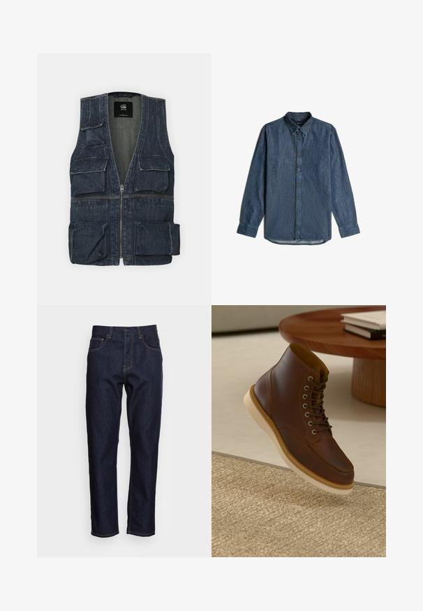 Gilet en jean avec plusieurs poches avant, un zip et un design en V. Couleur bleu foncé avec une légère texture.; Chemise en denim, bleu foncé, à manches longues, avec un boutonnage à l'avant, un col et un ourlet droit. Présente une légère texture verticale et des détails de couture visibles.; Jeans en denim bleu foncé avec une coupe droite, cinq poches et des coutures jaunes contrastées. Conçus avec une fermeture classique à bouton et à glissière.; Bottine en cuir marron avec semelle beige sur un tapis beige texturé à côté d'une table ronde en bois avec des livres empilés.