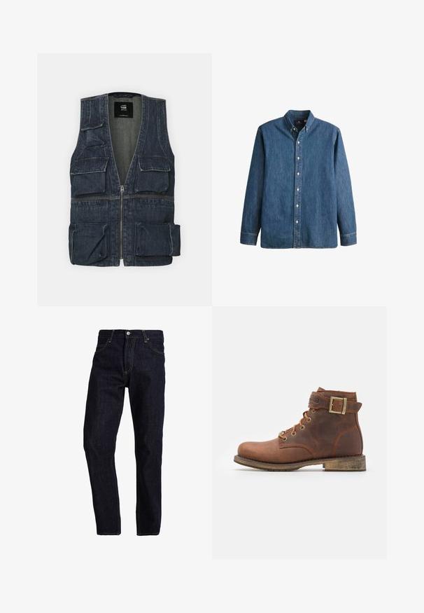 Denim jas met meerdere voorkruipzakken, een ritssluiting en een V-hals ontwerp. Kleur is donkerblauw met een lichte textuur.; Denim overhemd met knopen in middelblauwe kleur, met lange mouwen, een puntkraag, witte knopen en een getailleerde pasvorm met subtiele geborduurde logo.; Donkerblauwe spijkerbroek met een rechte pasvorm, voorzien van gele stiksels, vijf zakken en een klassieke knoop- en ritsluiting.; Harley Davidson VNTGMOTO SHORT RIDING APPROVED - Cowboy-/Bikerlaarsjes - brown