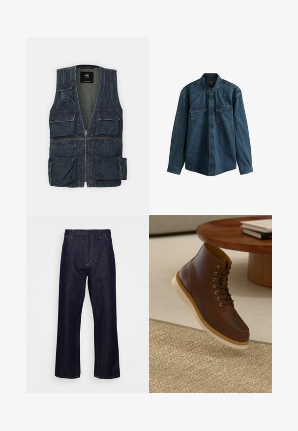 Denim jas met meerdere voorkruipzakken, een ritssluiting en een V-hals ontwerp. Kleur is donkerblauw met een lichte textuur.; Donkerblauwe denim overhemd met lange mouwen, een puntige kraag en twee borstzakken met drukknoopsluitingen. Gestructureerde stof.; Donkerblauwe denim jeans met rechte pijpen, voorzakken, riemlussen, ritssluiting en knoopsluiting, weergegeven tegen een eenvoudige witte achtergrond.; Bruine leren enkelboot met beige zool op een gestructureerd beige vloerkleed naast een ronde houten tafel met opgestapelde boeken.