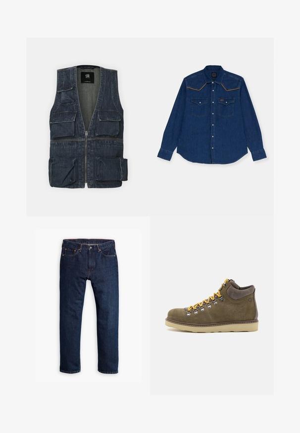 Denimvest med flere frontlommer, lynlås lukning og V-halsdesign. Farven er mørkeblå med en let tekstur.; Mørkeblå denimskjorte med lange ærmer, spids yoke-design, kontrastsyning, to brystlommer og knaplukning foran.; Person iført mørkeblå straight-leg jeans, hvide sneakers og en olivengrøn sweatshirt, hænder i lommerne, står mod en grå baggrund.; Suedes vandrestøvler i olivengrøn med en beige gummisål. Har gule snørebånd, metaløjer og polstret ankelstøtte.