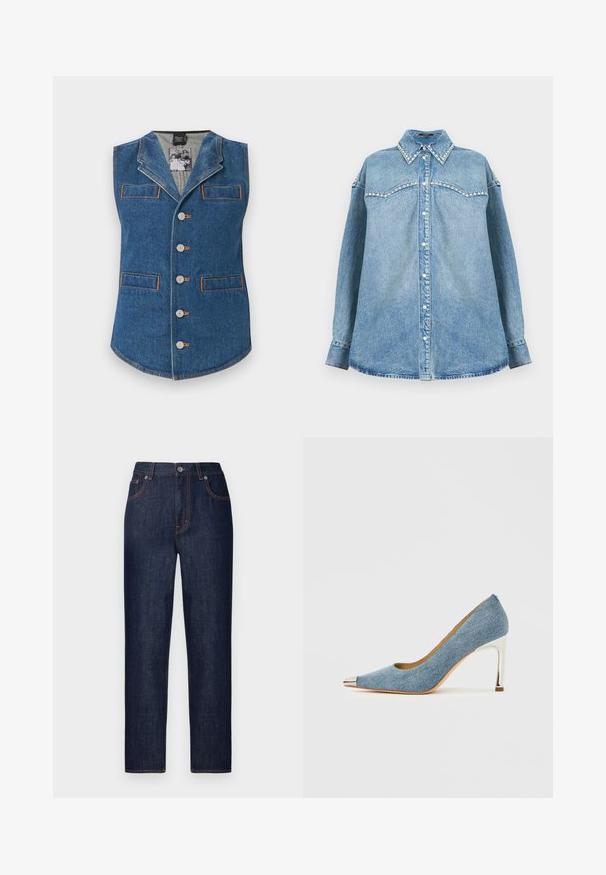 Denimvest med krave, fem knaplukninger og to forlommer. Har kontrastorange syninger på et blåt stof.; Lyseblå denim skjorte med lange ærmer med perler prydet krave og bærestykke, knaplukning foran og lige kant på en hvid baggrund.; Mørkeblå denim jeans med lige pasform, der har fem lommer, kontrastorange syninger og en metalknaplukning i taljen.; Denimspids tå-pumpe med en sølvfarvet metaltåhætte og en stilethæl. Har en glat overflade og en buet silhuet.