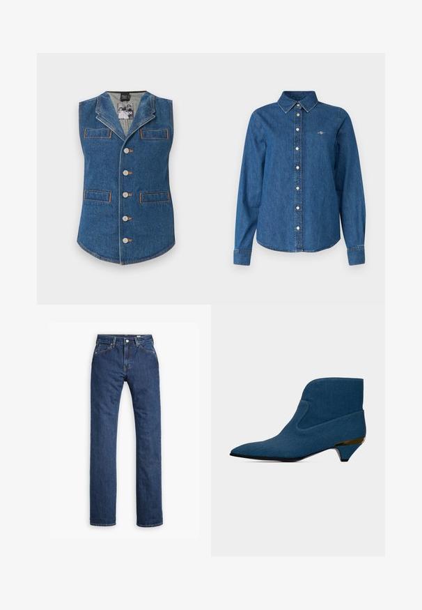 Denimvest med krave, fem knaplukninger og to forlommer. Har kontrastorange syninger på et blåt stof.; GANT REG - Skjortebluser - indigo; Levi's® MOJ MIJ PLANK STRAIGHT - Jeans Straight Leg - stems; Blå ankelstøvle med spids tå, lav kittenhæl med gulddetalje og et glat, sømløst design.