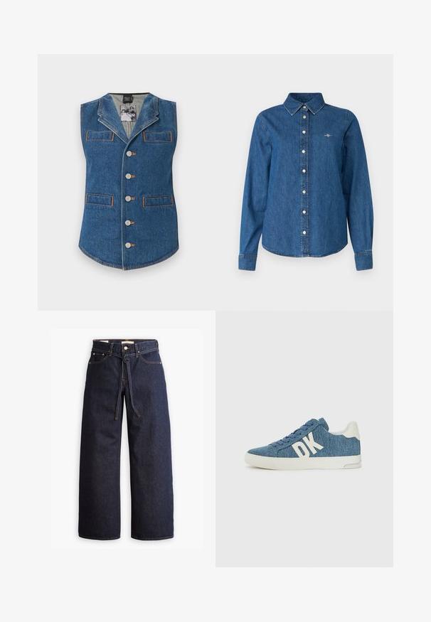 Denimweste mit kragen, fünf Knöpfen und zwei Vordertaschen. Mit kontrastierendem orangefarbenem Nähen auf blauem Stoff.; GANT REG - Hemdbluse - indigo; Weite, dunkelblaue Jeans aus Denim mit hoher Taille, ausgestattet mit einem Kordelzug, fünf Taschen und kontrastierenden Nähdetails.; Denim-Sneaker aus blauem strukturiertem Stoff, mit weißer Gummisohle und großem weißen "DK"-Logo an der Seite.