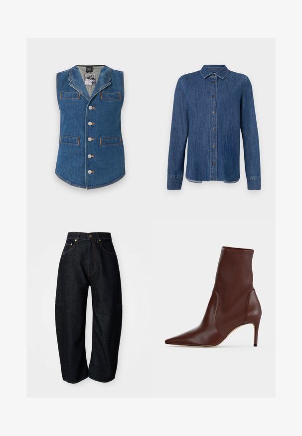 Denimweste mit kragen, fünf Knöpfen und zwei Vordertaschen. Mit kontrastierendem orangefarbenem Nähen auf blauem Stoff.; Dunkelblaues Denim-Hemd mit langen Ärmeln, Knopfleiste, klassischem Kragen und sichtbaren Nähten. Verfügt über einen geraden Saum mit leicht geschwungenen Seiten.; Dunkelblaue Jeans mit entspannter Passform, ausgestattet mit dezenten orangefarbenen Nähten, Fronttaschen und einem flachen Bund mit Knopfverschluss.; Dunkelbrauner Lederstiefelette mit spitzer Spitze und schlankem hohen Absatz vor einem schlichten hellen Hintergrund.