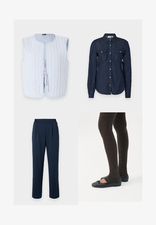 Ανοιχτό μπλε επενδυμένο γιλέκο με στρογγυλή λαιμόκοψη, χωρίς μανίκια και κλείσιμο μπροστά με κορδόνι. Το ύφασμα έχει κάθετες ραφές.; Μπλε ναυτικό πουκαμίσα με κουμπιά σε ελαφρύ ύφασμα, με δύο εμπρόσθιες τσέπες, μακριά μανίκια και κλασικό γιακά με καμπύλη στρίφωμα.; Σκούρο μπλε παντελόνια με σχεδιασμό ίσιου ποδιού, διαθέτουν ψηλή μέση, πιέτες και απαλή, ομαλή υφή. Χωρίς ορατά μεταλλικά στοιχεία ή σχέδια.; Πόδια με σκουρόχρωμα ριμπ κολάν συνδυασμένα με μαύρα μπαλαρίνα παπούτσια με μικρές λεπτομέρειες φιόγκων σε λευκό φόντο.