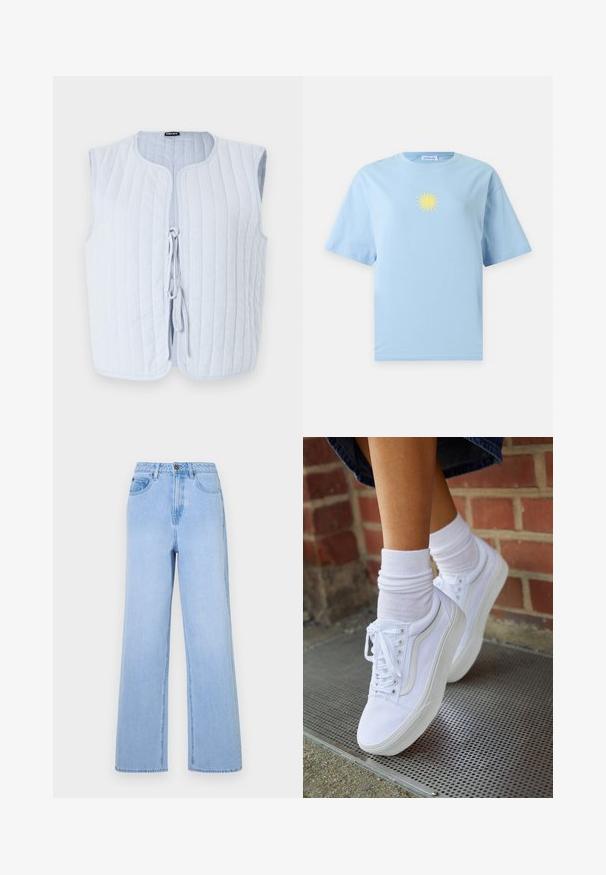 Helles blaues gepolstertes Weste mit rundem Halsausschnitt, ärmellosem Design und einer vorderen Krawattenöffnung. Der Stoff weist vertikale gesteppten Linien auf.; Hellblaues T-Shirt mit kurzen Ärmeln und einer kleinen gelben Sonnen-Grafik in der Mitte auf der Brust vor einfarbigem Hintergrund.; Hellblaue High-Waist-Jeans mit weitem Bein, aus Denim gefertigt. Hervorgehobene Nähte und Fünf-Taschen-Design.; Weiße Leinensneaker mit Gummisohlen, ausgestattet mit sechs Ösen, runder Zehenpartie und dezenten Nähten, kombiniert mit weißen Knöchelsocken.