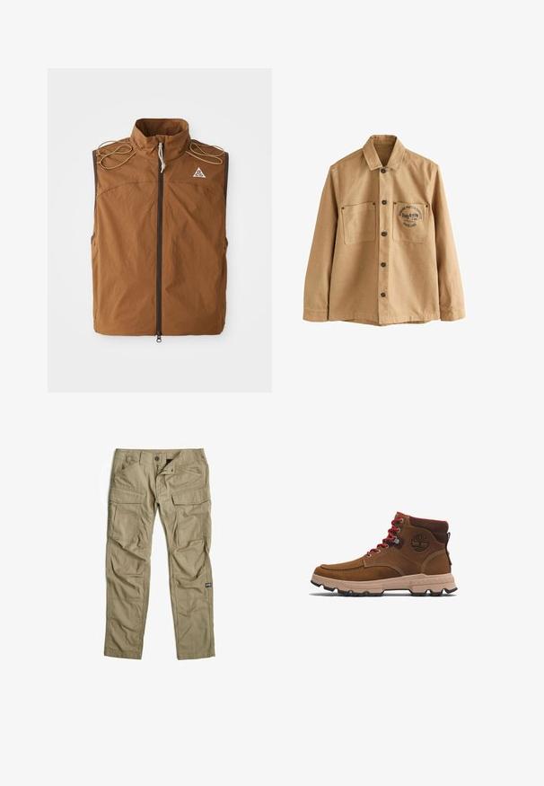 Gilet marron avec col montant, fermeture éclair à l'avant et liens d'épaule. Fabriqué en tissu léger, avec un logo sur le côté supérieur gauche.; Veste de travail en coton couleur tan. Présente une fermeture à boutons sur le devant, deux poches poitrine et un logo imprimé avec du texte sur la poche gauche.; G-STAR CARGO 3D REGULAR TAPERED PANTS - Pantalon cargo - dune; Bottines en cuir marron avec une semelle en caoutchouc beige, lacets rouges et un logo marron sur le côté. Elles possèdent une cheville rembourrée et une surface texturée.