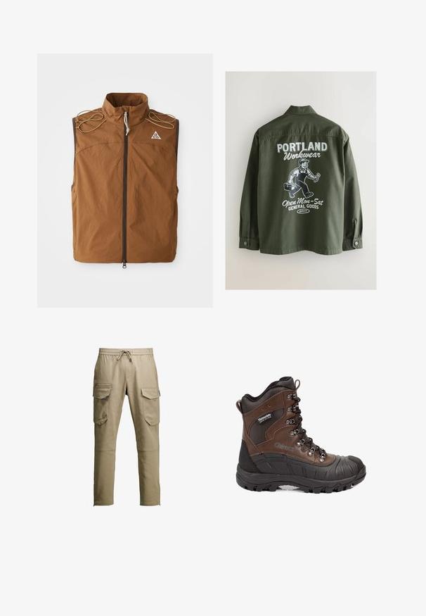 Gilet marron avec col montant, fermeture éclair à l'avant et liens d'épaule. Fabriqué en tissu léger, avec un logo sur le côté supérieur gauche.; Veste de travail vert olive avec un col boutonné, présentant un graphisme blanc au dos d'une personne, une boîte à outils et un texte en gras.; Pantalon cargo beige avec une taille élastique à cordon de serrage, plusieurs poches latérales et des détails zippés. Fabriqué en tissu durable, avec une coupe droite.; Botte de randonnée isolée marron et noire avec semelle épaisse, œillets métalliques et étiquette Thinsulate sur le côté.
