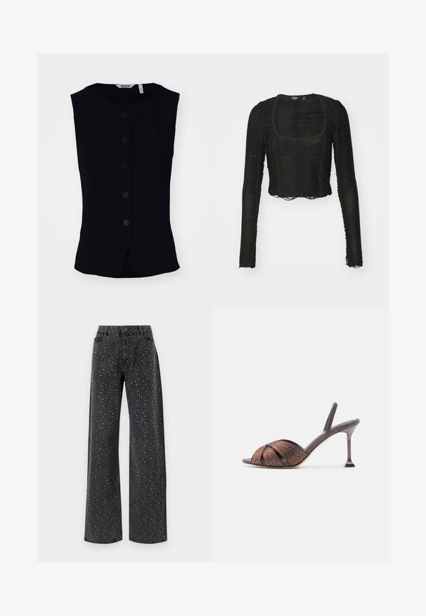 Weekday WAISTCOAT - Veste sans manches - black; Haut court à manches longues noir avec un décolleté carré, présentant un design texturé en côtes et des détails à l'ourlet brut. Tissu transparent et léger.; Noisy May Rhinestone - Jean boyfriend - black denim; Sandale à talons hauts marron avec une tige tissée texturée, présentant un design à lanières et un talon angulaire unique. Semelle plate en dessous.