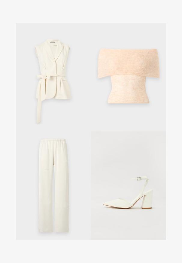 Veste sans manches crème avec col châle et ceinture à nouer sur le côté, présentant une coupe ajustée et des détails de poche avant.; Haut en tricot à épaules dénudées couleur pêche claire avec texture côtelée et coupe ajustée, présentant une variation subtile de couleur sur l'ensemble.; Pantalon droit de couleur crème avec une ceinture élastique, sans poches visibles ni ornements.; Sandale blanche à talon avec un bout pointu, sangle de cheville réglable et un talon carré épais. Texture lisse avec des détails de couture minimaux.