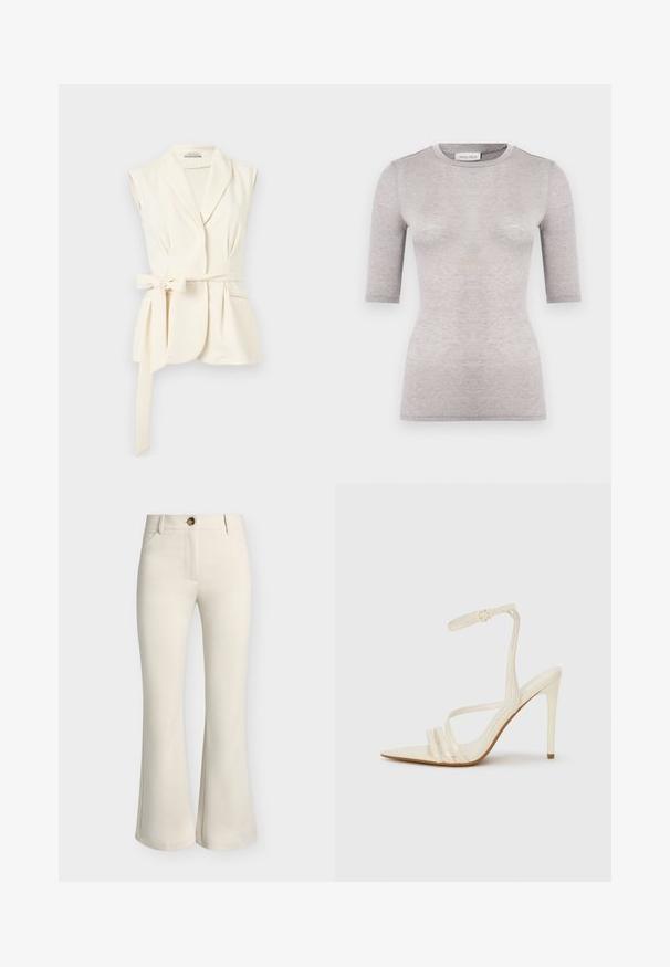 Veste sans manches crème avec col châle et ceinture à nouer sur le côté, présentant une coupe ajustée et des détails de poche avant.; T-shirt gris clair ajusté avec un col rond, des manches courtes et une texture lisse. Fabriqué en tissu doux et léger avec des coutures minimales.; Pantalon beige taille haute avec poches avant, fermeture par boutons et jambes légèrement évasées sur un fond uni.; Sandales à talons hauts beiges avec un bout pointu, comportant trois brides à l'avant et une fine bride à la cheville avec une boucle. Texture lisse, design minimaliste.