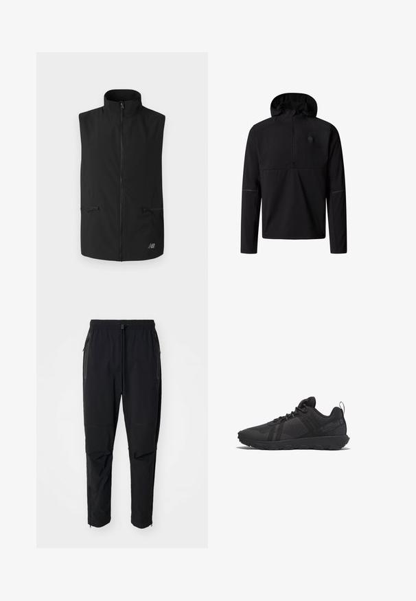 Zwarte mouwloze vest, met een hoge kraag, volledige rits aan de voorkant, twee ritszakken en een logo aan de onderkant rechts. Glad van textuur.; Zwarte long sleeve hoodie met een kwartrits en een subtiel logo op de linkerborst, ontworpen voor buitenshuis of casual dragen.; Zwarte, lichte buitenbroeken met een elastische tailleband en verstelbaar trekkoord. Beschikt over ritszakken en taps toelopende boorden.; Zwarte sportieve schoenen met een gemengd materiaal ontwerp, voorzien van een bovenwerk van mesh, een rubberen zool, een verstevigde neus en een vetersysteem voor een veilige pasvorm.