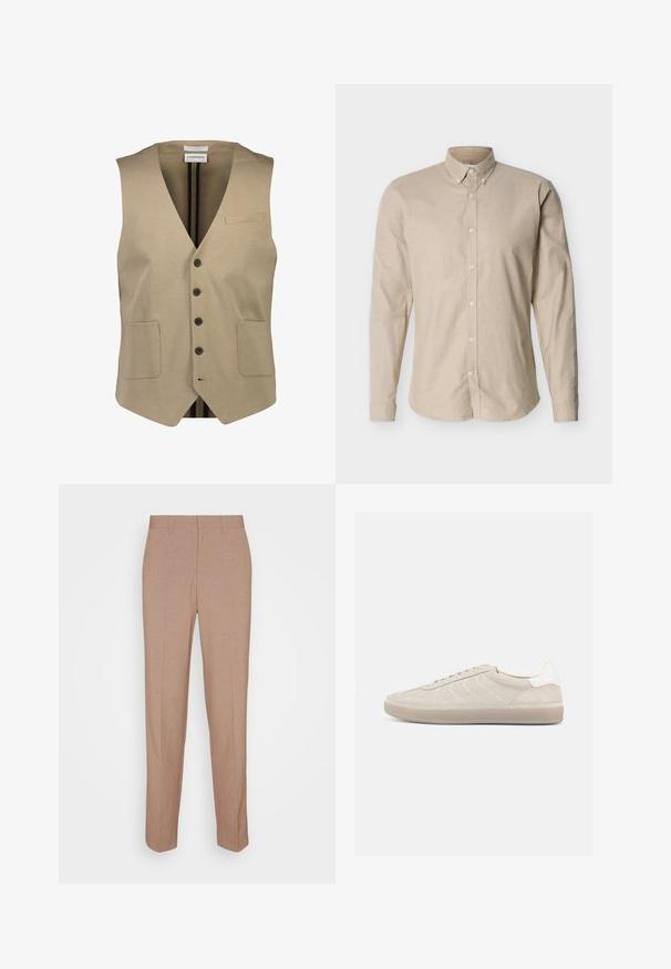 Beige ærmeløs vest med v-hals, fem sorte knapper, to forreste lommer og en lille brystlomme. Glat stof med minimal tekstur.; Beige langærmet skjorte med knapper og button-down krave samt en tætsiddende silhuet, vist på en neutral baggrund.; Beige skræddersyede bukser i en glat, struktureret stof. Straight fit med en linning og uden synlige pyntedetaljer eller lommer.; Beige ruskindssneaker med en tekstureret overdel, glat hvid hælkappe, tynde snørebånd og en gummi-ydersål. Har et lavt profil design.