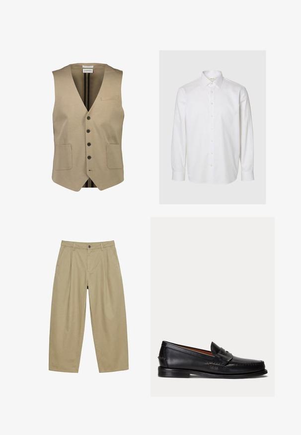 Beige ärmellose Weste mit einem V-Ausschnitt, fünf schwarzen Knöpfen, zwei vorderen Taschen und einer kleinen Brusttasche. Glattes Material mit minimaler Textur.; Weißes langärmeliges Hemd aus Baumwolle, mit klassischem Kragen, Knopfleiste vorne und geknöpften Manschetten. Glatte Textur ohne sichtbare Muster.; Khakifarbene Hose mit weitem Bein, vorderen Falten, Gürtelschlaufen, Seitentaschen und Knopfverschluss an der Taille.; Schwarzer Lederloafer mit niedrigem Absatz und Pennyriemendetail, von der Seite auf hellgrauem Hintergrund gezeigt.