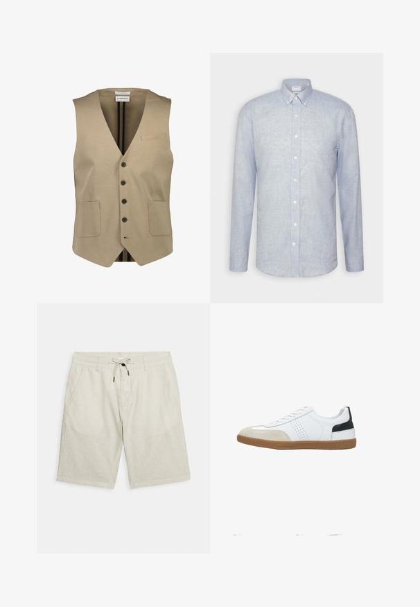 Beige ärmellose Weste mit einem V-Ausschnitt, fünf schwarzen Knöpfen, zwei vorderen Taschen und einer kleinen Brusttasche. Glattes Material mit minimaler Textur.; Himmelblaues, langärmliges Hemd aus Leinen. Mit einem Button-Down-Kragen, einer Knopfleiste und einem abgerundeten Saum.; Leinen-Shorts in hellem Beige mit einem elastischen Bund und Kordelzug, ausgestattet mit Seitentaschen und einem lockeren Schnitt.; Weiße Sneaker mit Wildleder- und glatten Lederakzenten, die seitliche Perforationen, eine Gummisohle und einen schwarzen Fersenbereich aufweisen.