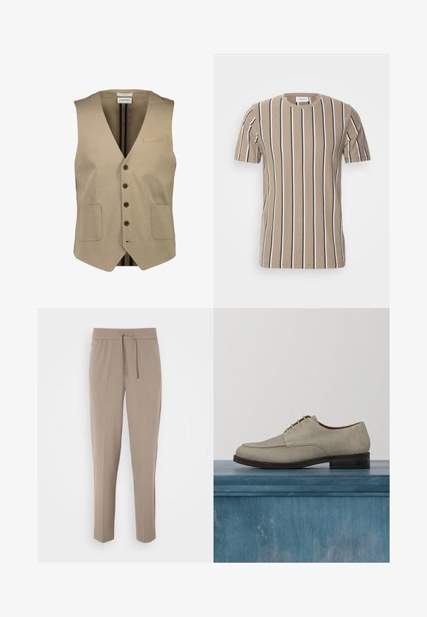 Beige mouwloos vest met een V-hals, vijf zwarte knopen, twee voorzakken en een kleine borstzak. Glad materiaal met een minimale textuur.; Beige katoenen t-shirt met horizontale strepen in donkerbruin en wit, ronde hals en korte mouwen. Zachte textuur en casual ontwerp.; Lichtbeige broeken met een elastische tailleband, verstelbare koord en taps toelopende pijpen. De stof lijkt glad met een lichte glans.; Beige suède schoen met veters, ronde neus en donkerbruine zool. Heeft een soepele textuur en minimale stikseldetails.