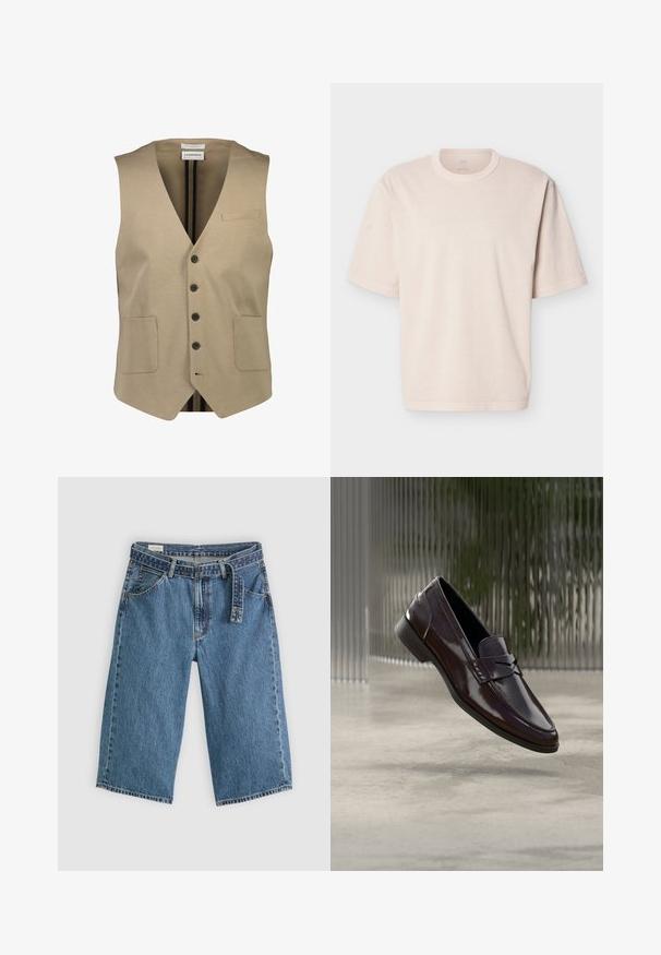 Chaleco sin mangas color beige con cuello en V, cinco botones negros, dos bolsillos frontales y un pequeño bolsillo en el pecho. Tejido liso con textura mínima.; Camiseta beige de manga corta extragrande con cuello redondo y costuras sencillas, presentada plana sobre un fondo blanco.; Shorts de mezclilla en azul medio con una cintura alta, con un diseño con cinturón, grandes bolsillos frontales y un corte holgado con bordes rematados.; Mocasines de cuero marrón con acabado brillante, con una costura elevada y un pequeño detalle de recorte en la parte frontal, y una suela baja negra.