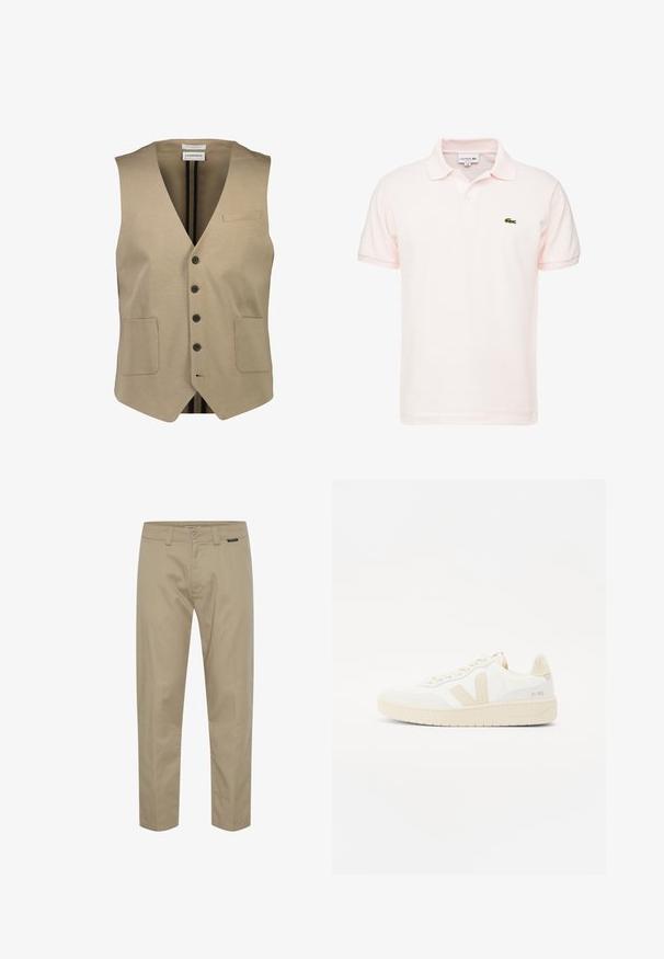 Chaleco sin mangas color beige con cuello en V, cinco botones negros, dos bolsillos frontales y un pequeño bolsillo en el pecho. Tejido liso con textura mínima.; Polo rosa claro de algodón con collar clásico, mangas cortas y un logotipo de Lacoste bordado en verde en el lado izquierdo del pecho.; Chinos caqui confeccionados en algodón, con corte recto, presillas para cinturón, bolsillos delanteros y un acento de logo minimalista cerca de la cintura.; Zapatilla blanca con acentos beige, que presenta un upper texturizado, punta redonda y suela de goma gruesa. El diseño incluye el icónico logo V y marcas.