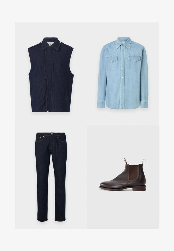Chaleco de mezclilla, azul oscuro, diseño sin mangas, cuello puntiagudo, costura frontal vertical, dos bolsillos frontales, acentuado con costuras amarillas contrastantes.; Camisa de mezclilla azul claro con cierre de botones al frente, cuello puntiagudo, dos bolsillos en el pecho y detalles de canesú al estilo occidental. Mangas largas con puños.; Jeans de mezclilla oscura con un diseño de pierna recta, que cuentan con costuras en contraste, estilo de cinco bolsillos y un cierre de botón en la cintura.; Botín Chelsea de cuero marrón con paneles laterales elásticos, tirador, punta redonda y tacón bajo apilado. Textura suave, diseño minimalista.