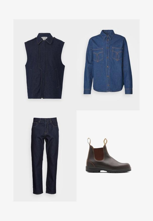 Chaleco de mezclilla, azul oscuro, diseño sin mangas, cuello puntiagudo, costura frontal vertical, dos bolsillos frontales, acentuado con costuras amarillas contrastantes.; Camisa de mezclilla en azul oscuro con cuello puntiagudo, cierre frontal de botones, dos bolsillos en el pecho y detalles de costura en naranja contrastante.; Vaqueros de mezclilla azul oscuro con corte recto, cinco bolsillos y costuras amarillas en contraste. Diseñados con un cierre clásico de botón y cremallera.; Botas Chelsea de cuero marrón con paneles laterales elásticos y tiradores. Parte superior texturizada, suela de goma duradera y detalle de costura en contraste.