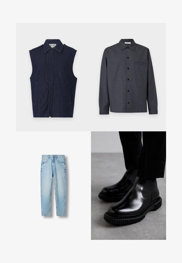 Chaleco de mezclilla, azul oscuro, diseño sin mangas, cuello puntiagudo, costura frontal vertical, dos bolsillos frontales, acentuado con costuras amarillas contrastantes.; Camisa gris oscuro de manga larga con botones, con cuello puntiagudo y un solo bolsillo en el pecho en el lado izquierdo.; Vaqueros de mezclilla azul claro con cintura alta, cinco bolsillos y bragueta de botones, mostrados sobre un fondo blanco.; Botas Chelsea de cuero negro con un acabado suave, paneles laterales elásticos y una suela de goma gruesa y texturizada que presenta un patrón de banda de rodadura resistente.