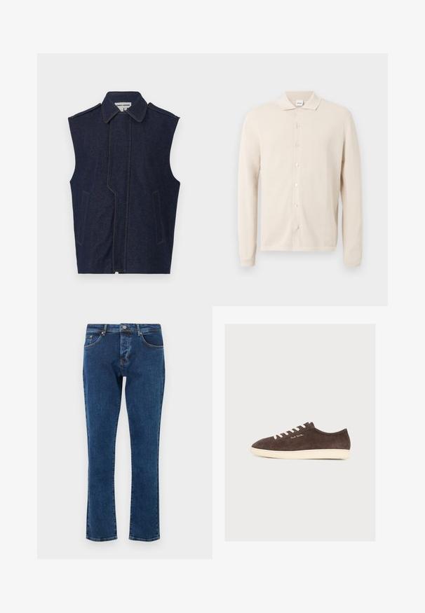 Denim vest, tume sinine, ilma varrukateta disain, terav krae, vertikaalne esiseam, kaks esikot, rõhutatud kontrastse kollase õmblusega.; Beežist pikkade varrukatega nööpidega kardigan kraega, tekstureeritud kangast, ees seitse nööpi, eksponeeritud lihtsal heledal taustal.; Tumesinised teksapüksid sirge säärega, viie taskuga ja metallist nööbiga vöökohal. Sile tekstuur vähehaaval pleekimisega.; Tumepruun seemis madala säärega toss, valgete paelte, kreemika tallaga ja küljele tikitud "Paul Smith", näidatud profiililt tavalise taustaga.