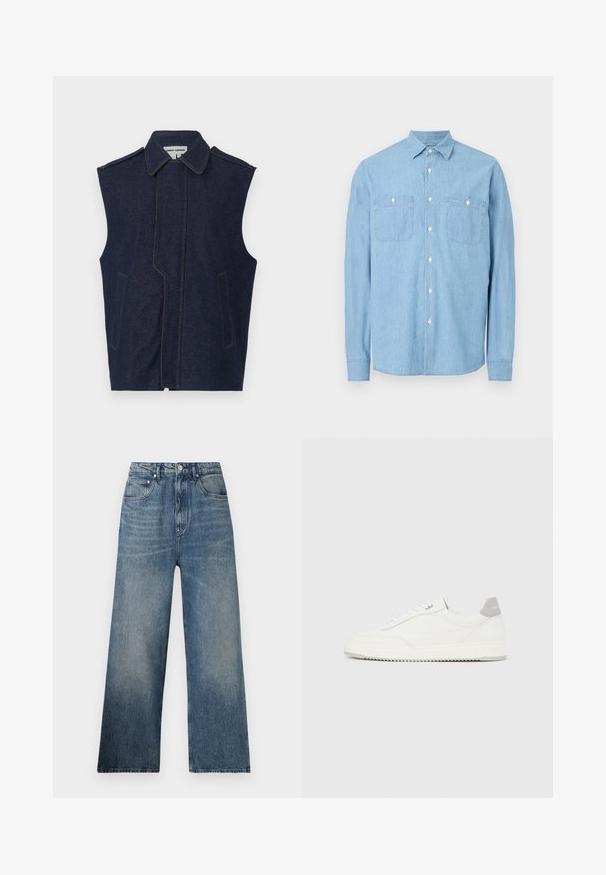 Denimvest, mørkeblå, ærmeløs design, spidse krave, lodret front søm, to frontlommer, fremhævet med kontrastfarvet gul søm.; Lyseblå langærmet skjorte med knapper, to forlommer og hvide knapper, vist på en hvid baggrund.; Blå denim bredbenede jeans med høj talje, subtilt slid, fem lommer og metalknaplukning foran.; Hvid lavtop-sneaker med gråt hælflig, hvide snørebånd og tekstureret sål, vist på en ensfarvet lys baggrund.
