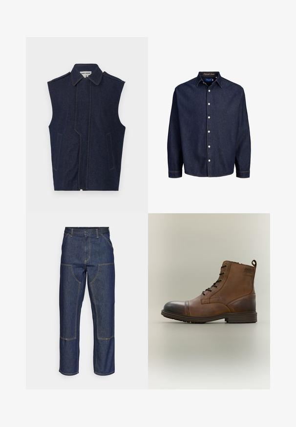 Chaleco de mezclilla, azul oscuro, diseño sin mangas, cuello puntiagudo, costura frontal vertical, dos bolsillos frontales, acentuado con costuras amarillas contrastantes.; Camisa de mezclilla azul oscuro con frente abotonado, mangas largas y cuello clásico, que presenta botones blancos y costuras en contraste.; Jeans de mezclilla azul oscuro con cintura alta, diseño de pierna recta, costuras contrastantes y bolsillos de parche en la parte delantera.; Bota de cuero marrón con cordones hasta el tobillo, puntera negra, suela redonda y detalle de marca en el lateral sobre un fondo liso.