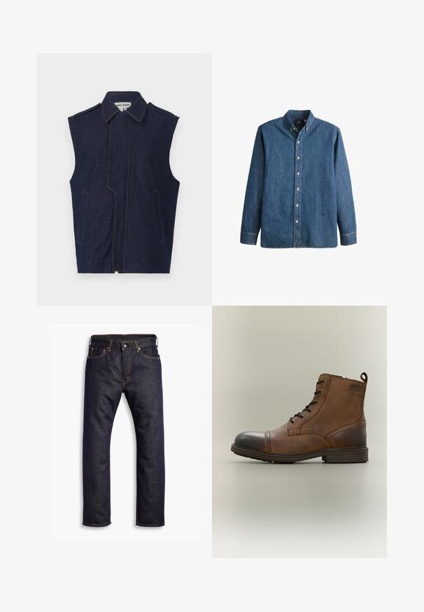 Chaleco de mezclilla, azul oscuro, diseño sin mangas, cuello puntiagudo, costura frontal vertical, dos bolsillos frontales, acentuado con costuras amarillas contrastantes.; Camisa de mezclilla de botón en azul medio, con mangas largas, collar puntiagudo, botones blancos y un corte ajustado con un sutil bordado de logo.; Jeans de mezclilla rectos de color azul oscuro con cinco bolsillos y costuras en contraste naranjas, presentados planos sobre un fondo blanco.; Bota de cuero marrón con cordones hasta el tobillo, puntera negra, suela redonda y detalle de marca en el lateral sobre un fondo liso.