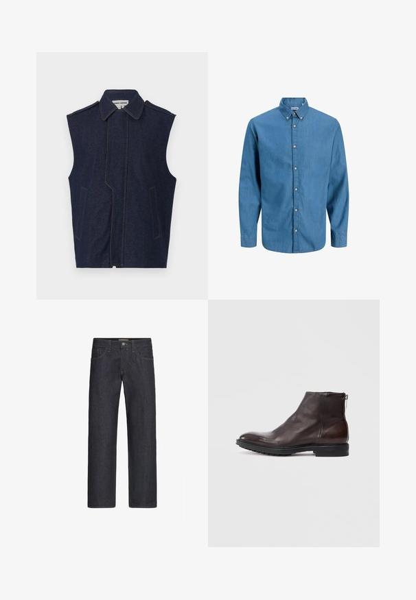 Denim vest, tume sinine, ilma varrukateta disain, terav krae, vertikaalne esiseam, kaks esikot, rõhutatud kontrastse kollase õmblusega.; Sinine nööbiga särk, mis on valmistatud denimist, väljas on krae ja pikkade varrukatega. Üksluisest tekstuurist, ees on nähtavad nööbid.; Tumed sinised sirge säärega teksapüksid esikinnituse, lüpsi tõmbluku, vööaasade sekä esi- ja tagataskutega.; Tumepruun nahast pahkluu saapad külgse Tasku, musta tallaga, millel on mustri ja madal konts, kuvatud profiilis valgel taustal.