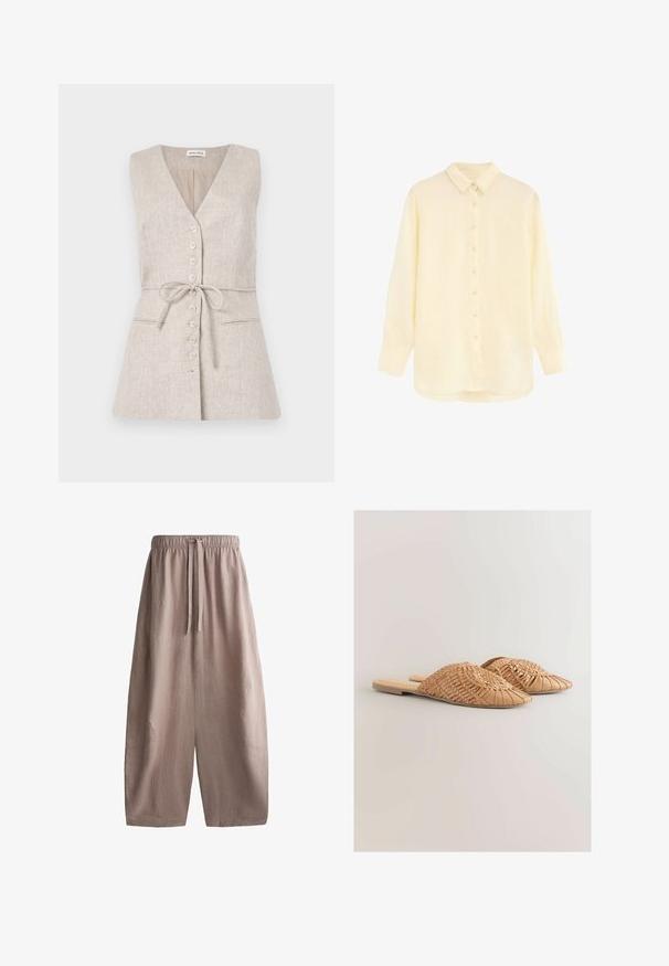 Mouwloze beige linnen jurk met een V-hals, knoopsluiting aan de voorkant, strikceintuur in de taille en twee zijzakken.; Crèmekleurig overhemd met lange mouwen en knopen, met spitse kraag en afgeronde zoom, platliggend op een witte achtergrond.; Losse, wijduitlopende beige linnenbroek met elastische tailleband en voorste trekkoord.; Geweven leren slidesandalen in lichtbruin, met een oversized geweven bovenkant en een platte zool. De spitse neus zorgt voor een strakke uitstraling.