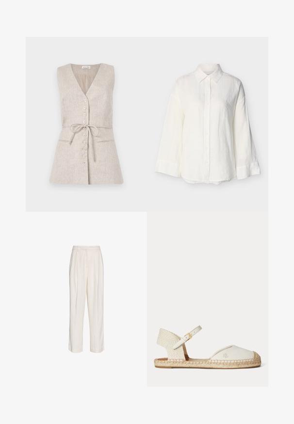 Mouwloze beige linnen jurk met een V-hals, knoopsluiting aan de voorkant, strikceintuur in de taille en twee zijzakken.; Witte lange mouwen overhemd met knopen, scherpe kraag en brede manchetten, getoond tegen een eenvoudige lichte achtergrond.; Witte, op maat gemaakte broeken met hoge taille, plooien, ceintuurlussen en rechte pijpen, afgebeeld op een effen witte achtergrond.; Witte espadrille sandaal met gevlochten hak, enkelriem met gouden gesp en "RL" logo op canvas teenkap, platte jutesoel.