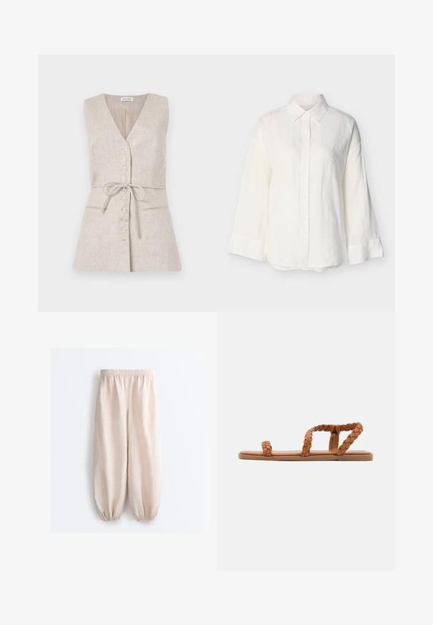 Robe sans manches en lin beige avec un col en V, fermeture à boutons sur le devant, ceinture à nouer à la taille et deux poches latérales.; Chemise blanche à manches longues avec col pointu et larges poignets, présentée sur un fond clair uni.; Pantalon large beige clair avec taille élastique et poignets élastiques froncés, en tissu côtelé.; Anna Field by Zalando Sandales - cognac
