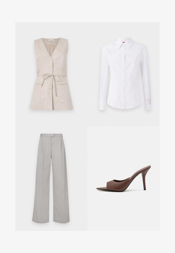 Mouwloze beige linnen jurk met een V-hals, knoopsluiting aan de voorkant, strikceintuur in de taille en twee zijzakken.; Witte blouse met lange mouwen en een puntige kraag, met een knoopsluiting aan de voorkant en een getailleerd ontwerp. Gladde katoenstof met subtiele stikdetails.; Lichtgrijze wijde broek met verticale witte streepjes, voorzien van een voorplooi en een vlakke tailleband. Gemaakt van soepel materiaal.; Bruine leren open-teen hoge hak muiltjes met een slank ontwerp, voorzien van een brede voorkruistrap en een slanke stiletto hiel.