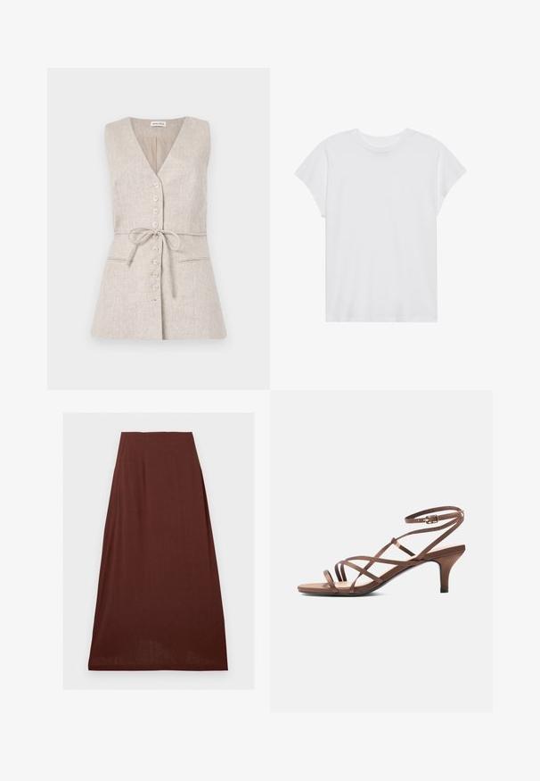 Robe sans manches en lin beige avec un col en V, fermeture à boutons sur le devant, ceinture à nouer à la taille et deux poches latérales.; T-shirt blanc à manches courtes, col rond, coupe décontractée, en tissu de coton doux. Texture lisse, sans motifs ni logos.; Jupe marron taille haute en ligne A, texture lisse, longueur genou, présentée sur fond blanc.; Sandale marron à fines brides, boucle à la cheville et talon de hauteur moyenne, vue de côté sur fond blanc.