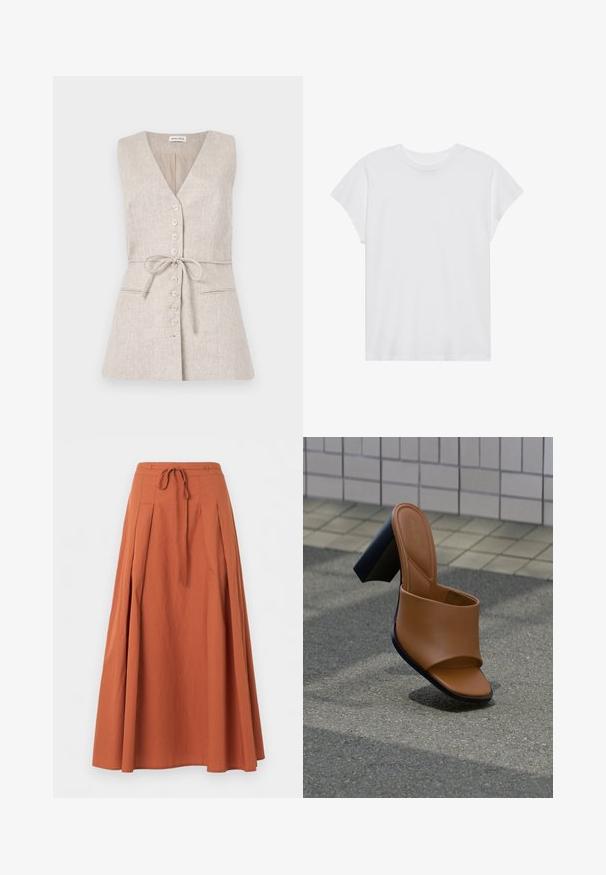 Mouwloze beige linnen jurk met een V-hals, knoopsluiting aan de voorkant, strikceintuur in de taille en twee zijzakken.; Witte t-shirt met korte mouwen, ronde hals, relaxte pasvorm, gemaakt van zacht katoen. Glad textuur, geen patronen of logo's.; Lange terracotta rok met plooien aan de voorkant en een aantrekkoord in de taille, getoond tegen een effen achtergrond.; Bruine slides van nep leer met een gladde textuur, open teen en een stevige zwarte hak. Minimalistisch ontwerp met een brede band over de voet.