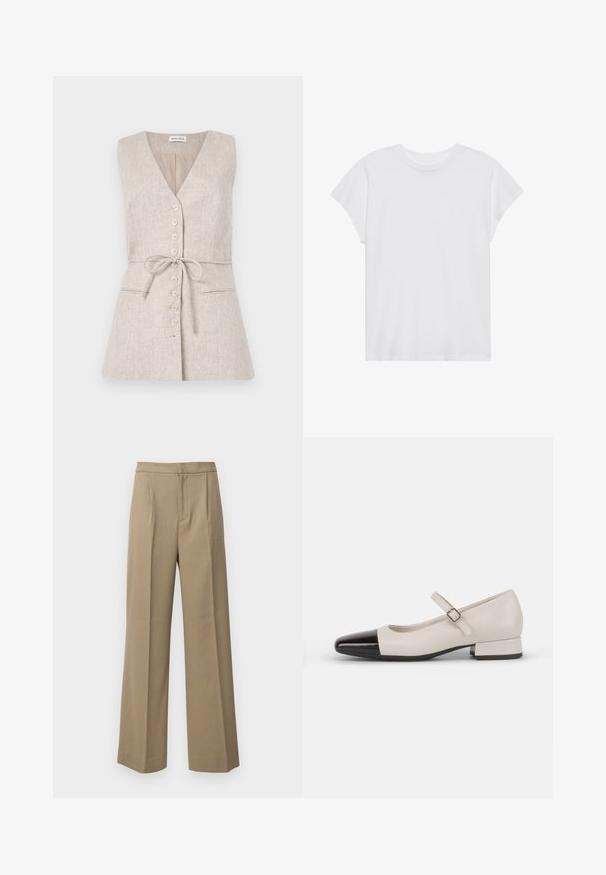 Vestido de lino sin mangas en color beige, con escote en V, cierre de botones en la parte delantera, cinturón atado en la cintura y dos bolsillos laterales.; Camiseta blanca de manga corta con cuello redondo, corte relajado, hecha de suave tela de algodón. Textura lisa, sin estampados ni logotipos.; Pantalones de pierna ancha en color beige, confeccionados con una tela texturada. Cuentan con pliegues frontales y una cinturilla plana. Sin cierres visibles ni bolsillos.; Zapato estilo Mary Jane en cuero crema con puntera de charol negro. Presenta una punta redonda, tirante en el tobillo con una hebilla cuadrada y un tacón bajo y cuadrado.