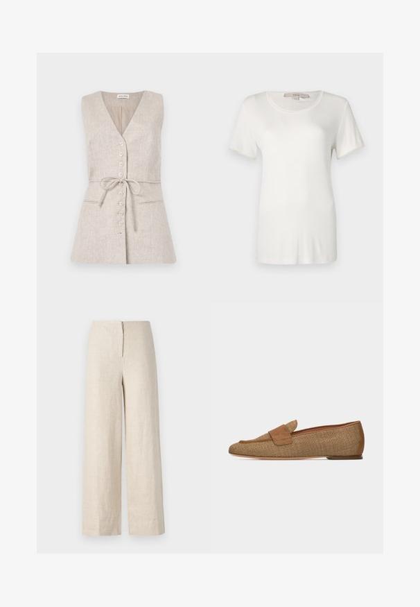 Vestido de lino sin mangas en color beige, con escote en V, cierre de botones en la parte delantera, cinturón atado en la cintura y dos bolsillos laterales.; Camiseta blanca de manga corta hecha de algodón suave y elástico. Presenta un escote redondo y una textura lisa y uniforme sin patrones visibles.; Pantalones de lino beige de pierna ancha con cintura alta y cremallera oculta en la parte posterior. Textura suave y tejido transpirable.; Mocasín tejido color camel con tira y ribete de ante, suela plana, mostrado de perfil sobre fondo blanco.