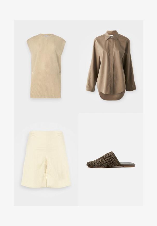 Beige πλεκτό γιλέκο με υφή ριμπ, στρογγυλή λαιμόκοψη και φαρδιά ώ shoulders. Διαθέτει δύο διακοσμητικά κουμπιά στο πλάι.; Καφέ μακρυμάνικο πουκάμισο από λείο ύφασμα, με μυτερό γιακά, μπροστινή κουμπί και στρογγυλή ραφή στην πλάτη.; By Malene Birger MARIAS - Σορτς - pearl; Καφέ υφαντό mule παπούτσι χωρίς κορδόνια, με επίπεδη σόλα και κλειστή στρογγυλεμένη μύτη σε λευκό φόντο.