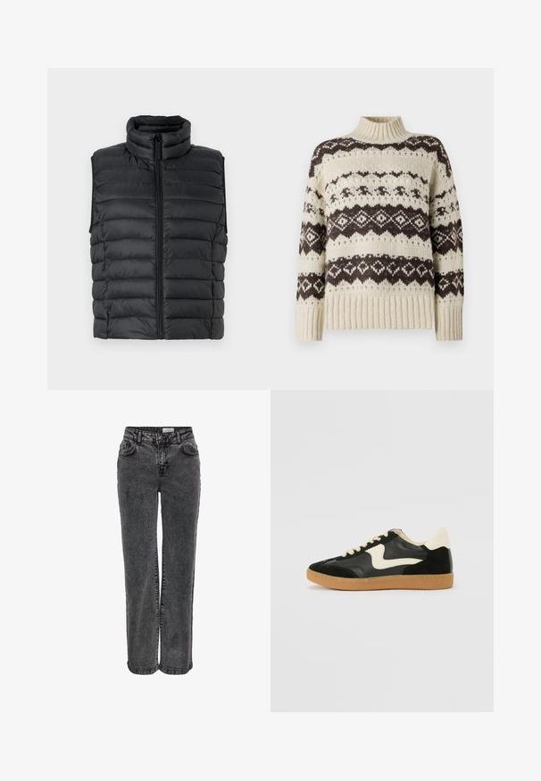 Čierna zateplená vesta s vysokým golierom, obsahujúca horizontálne prešívané sekcie a predný zips, vyrobená z ľahkej, hladkej tkaniny.; Vero Moda Knitted VMAMPLE Knitted - Svetrík - birch; Čierne džínsy z denimu so strihom rovného nohavice, obsahujúce predné vrecká, pútka na opasok a jemnú vyblednutú textúru.; Čierne semišové a kožené tenisky s krémovým bočným prešívaním a svetlo krémovou pätou. Obsahujú béžové šnúrky a podošvu z gumeného kaučuku.