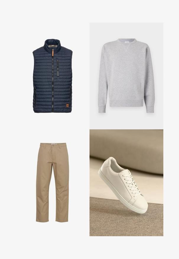 Marineblå puffer-vest med vertikal quiltet mønster, høj krave, lynlås foran og to sidelommer. Har en brun læderlogo-detalje.; Grå sweatshirt lavet af blødt stof, med rund halsudskæring, lange ærmer, ribbede manchetter og lige kant. Ingen synlige mønstre eller grafik.; Beige bomuldsbukser med lige ben-design, der har en frontknap og lynlås lukning, sidelommer og et rent finish.; Hvide lædersneakers med hvide snørebånd, præsenteret på en beige tekstureret overflade og med en blødt uskarp baggrund.