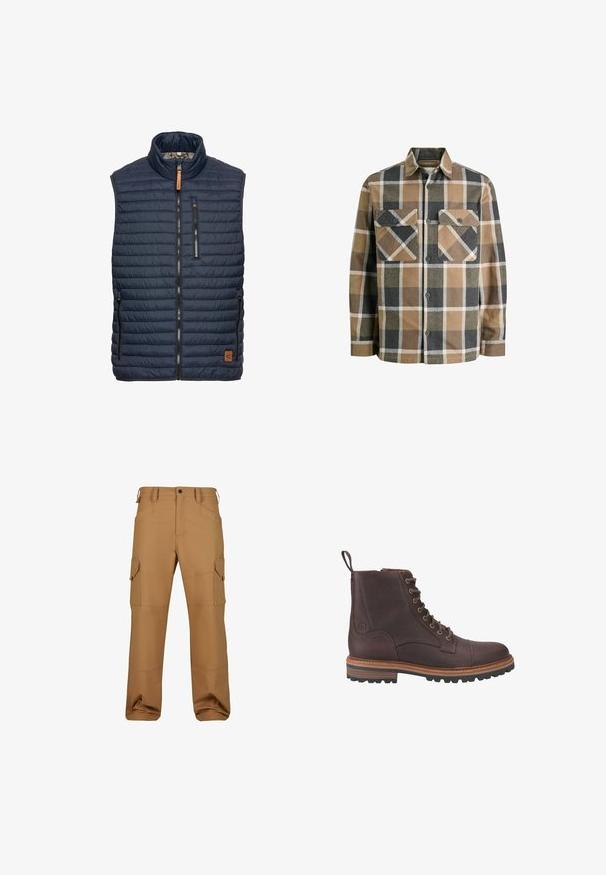 Marineblå puffer-vest med vertikal quiltet mønster, høj krave, lynlås foran og to sidelommer. Har en brun læderlogo-detalje.; Ternet flannel skjorte med brune, beige og sorte mønstre. Har to brystlommer, knaplukning foran og en klassisk krave.; Brune cargo bukser lavet af slidstærkt stof, med flere lommer, en afslappet pasform og forstærkede syninger.; Brune læder støvler med snørebånd ved anklen, med en tekstureret overflade, kontrasterende beige såler og metaløjer. Har en trækflig for nem påtagning.