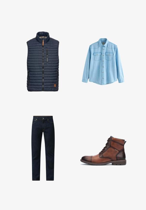 Marineblauw puffer vest met verticale gestikte patroon, hoge kraag, ritssluiting aan de voorkant en twee zijzakken. Heeft een bruine leren logoaccent.; Lichtblauw denim hemd met lange mouwen, knoopsluiting aan de voorkant en twee borstzakken met kleppen en knopen.; Donkerblauwe denim jeans met een rechte pasvorm. Voorzien van oranje stiknaden, een ontwerp met vijf zakken en een knoopsluiting in de taille.; Bruine leren en stoffen herenschoenen met enkelhoogte, veters, stikdetails, lage hak en merklogo aan de zijkant.