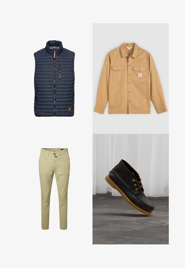 Marineblauw puffer vest met verticale gestikte patroon, hoge kraag, ritssluiting aan de voorkant en twee zijzakken. Heeft een bruine leren logoaccent.; Tan button-up shirt met lange mouwen, twee borstzakken en een klein label. Gemaakt van katoen met een gladde textuur en een klassiek kraagontwerp.; Beige slim-fit herenbroek met lussen voor een riem, voorste knoop- en ritssluiting, en voorzakken, afgebeeld op een witte achtergrond.; Zwarte leren schoenen met een gladde afwerking, ronde neus, bruine veters en lichtbruine rubberen zolen. Logo gegraveerd aan de zijkant.