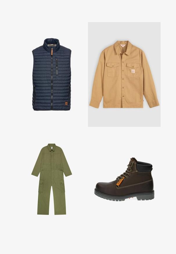 Marineblå puffer-vest med vertikal quiltet mønster, høj krave, lynlås foran og to sidelommer. Har en brun læderlogo-detalje.; Tan knapkrave skjorte med lange ærmer, to brystlommer og et lille mærke. Lavet af bomuld med en blød tekstur og klassisk kravedesign.; Olivengrøn arbejdsdragt med lange ærmer, lynlås foran, to brystlommer og cargolommer på siderne. Fremstillet af letvægtsstof.; Brun læder ankelstøvle med grå gummisål, orange accentmærke og metaløjer. Har kontraststikning og polstret krave.