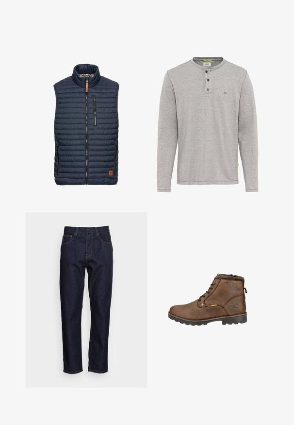 Marineblauw puffer vest met verticale gestikte patroon, hoge kraag, ritssluiting aan de voorkant en twee zijzakken. Heeft een bruine leren logoaccent.; Grijze langemouwen shirt met een henley-kraag, drie knopen en een subtiele structuur. Bevat een klein logo vlakbij de kraag en een label.; Donkerblauwe spijkerbroeken met een rechte snit, vijf zakken en contrasterende gele stiksels. Ontworpen met een klassieke knoop- en ritssluiting.; Mokkaleren enkellaars met ronde neus, vetersluiting, gevoerde kraag en een getextureerde rubberen zool. Met logo en metalen accenten.