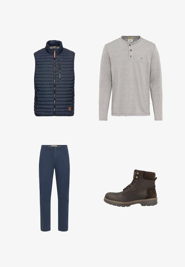 Marineblauw puffer vest met verticale gestikte patroon, hoge kraag, ritssluiting aan de voorkant en twee zijzakken. Heeft een bruine leren logoaccent.; Grijze langemouwen shirt met een henley-kraag, drie knopen en een subtiele structuur. Bevat een klein logo vlakbij de kraag en een label.; Marineblauwe katoenen chinos met een rechte pijpdesign, voorzakken, riemlussen en een ritssluiting. Beschikt over een soepele textuur.; Bruine leren en suède enkellaars met vetersluiting, ronde neus en rubberen zool. Voorzien van metalen oogjes en een gewatteerde kraag.