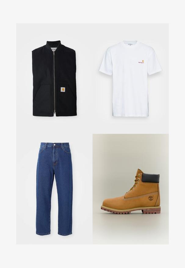 Sort ærmeløs vest lavet af holdbart stof, med en lynlås fortil, to lommer og et logo-patch på den nederste højre lomme.; Hvid bomulds t-shirt med korte ærmer. Designet med et lille orange og maroon logo på venstre bryst. Har en klassisk rund hals.; Høj taljede blå jeans i denim, med lige ben silhuet, synlige stikninger og en frontknaplukning.; Brun læderankelstøvle med sort krave, gule snørebånd og tanfarvet sål. Har logo og hvide syninger som detalje. Robust ydersål med greb.