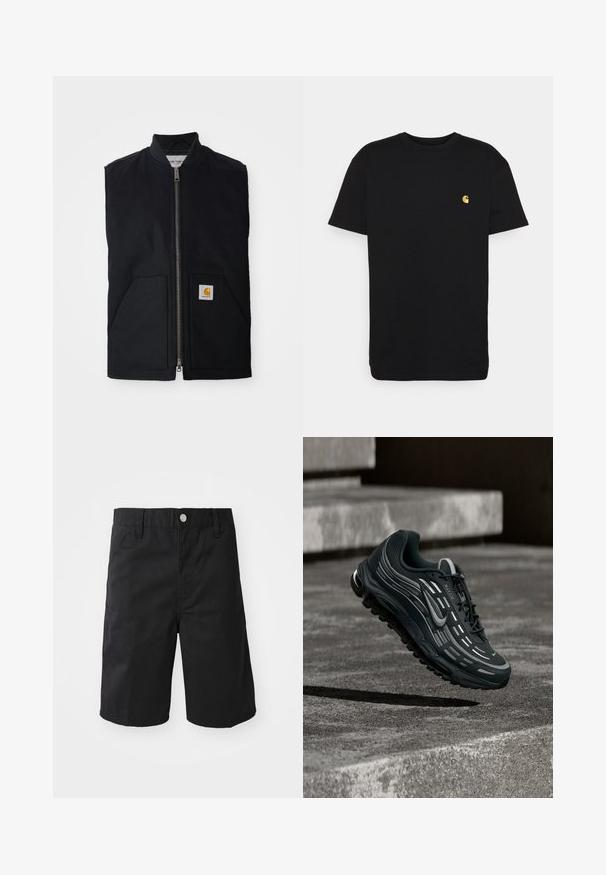 Sort ærmeløs vest lavet af holdbart stof, med en lynlås fortil, to lommer og et logo-patch på den nederste højre lomme.; Sort bomulds t-shirt med korte ærmer, rund halsudskæring og et lille gult logo på venstre brystområde. Enkel design og almindelig pasform.; Sorte bomuldsshorts med lige snit, bæltestropper, metalknaplukning og uden synlige mønstre eller accenter.; Sort og grå Nike Air Max sneaker, der flyder over grå betontrin med tekstureret jordbaggrund.